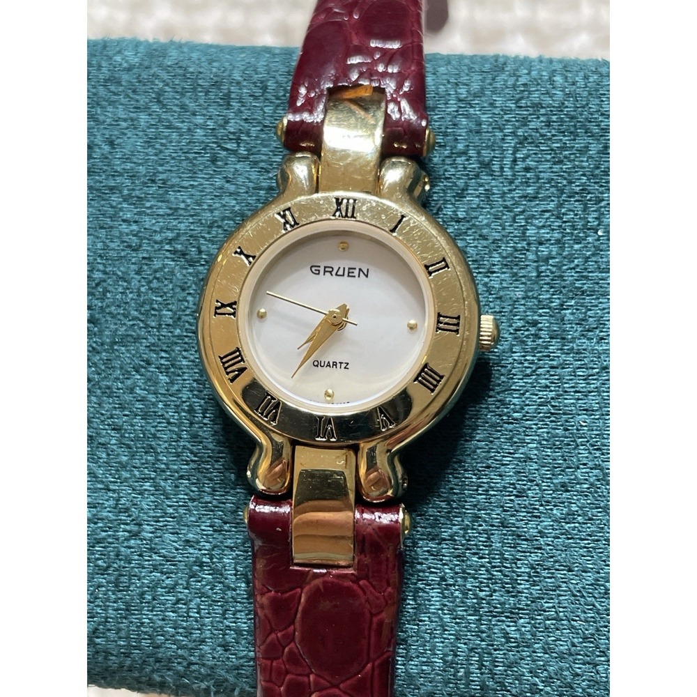 Gruen Ladies Quartz Watch Gold Tone Roman Bezel Burgundy Leather Band